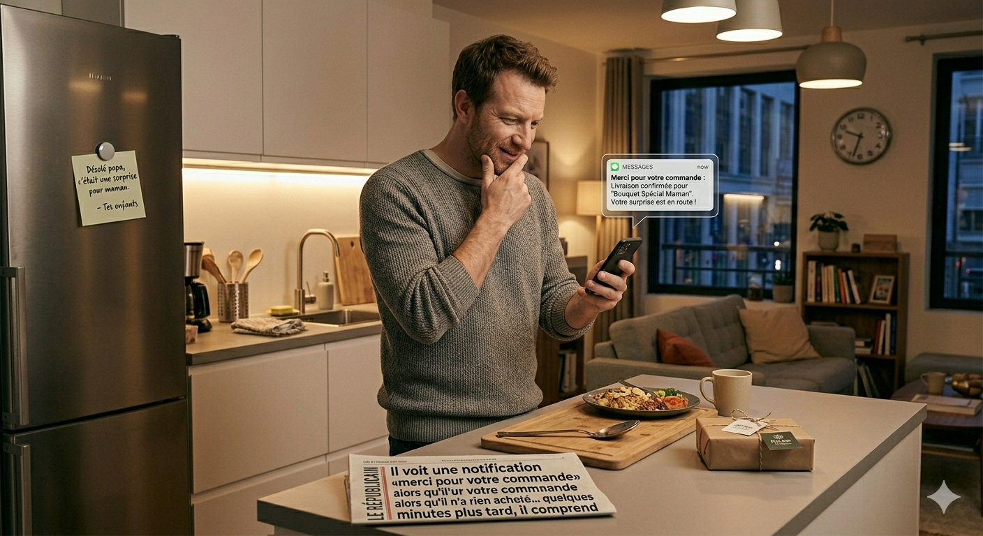 Il voit une notification “merci pour votre commande” alors qu’il n’a rien acheté… quelques minutes plus tard, il comprend