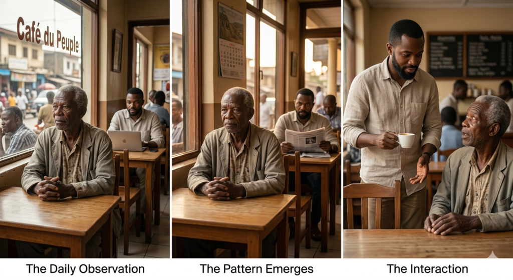 Il remarque qu’un vieil homme vient chaque jour au même café sans jamais rien commander… un jour, il décide enfin de comprendre pourquoi